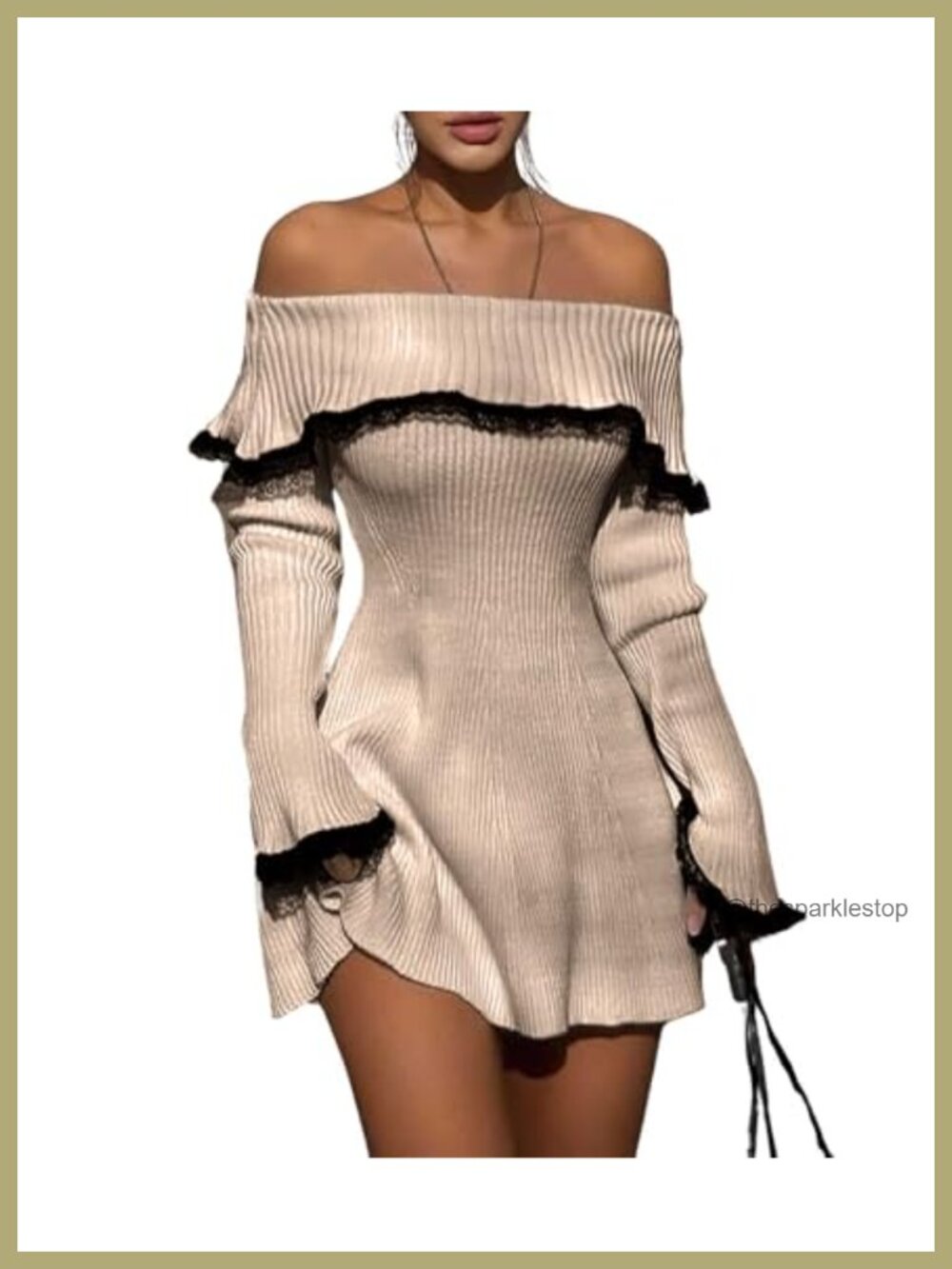 Women's Off Shoulder Bell Long Sleeve Lace Trim Ribbed Knit Mini Sweater Dress
